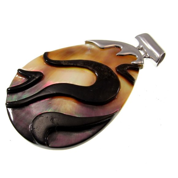 Large Solid 925 Sterling Silver Pear-Shaped Rainbow Paua Abalone Shell Pendant - Picture 4 of 5